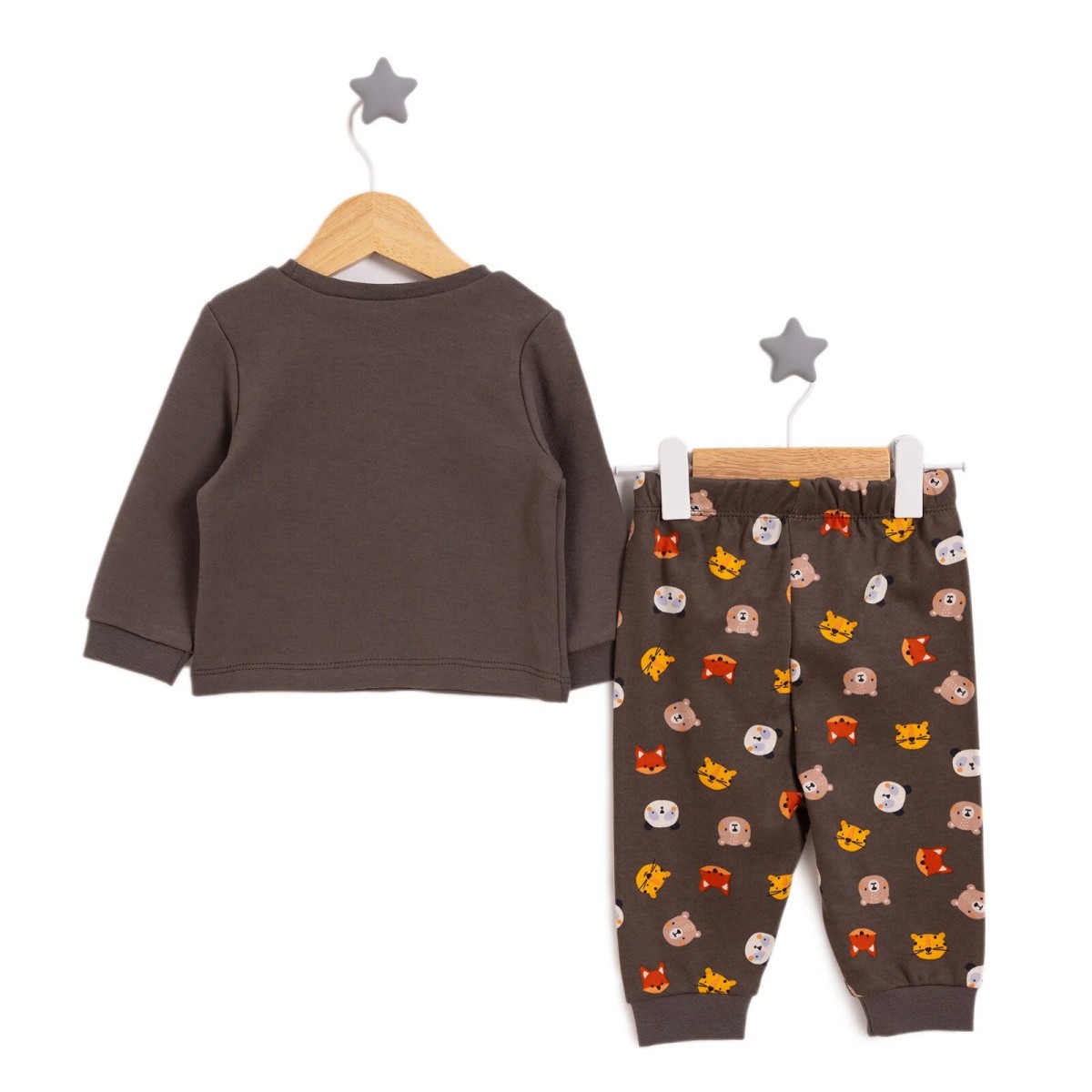 HelloBaby Erkek Bebek Pijama Takımı İnterlok Hayvan Desenli Bisiklet Yaka Ribanalı Paça Uzun Kol Haki