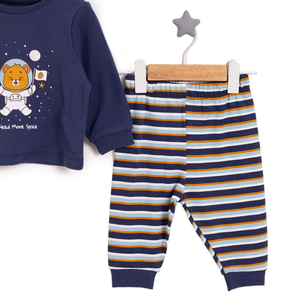 HelloBaby Erkek Bebek Pijama Takımı İnterlok Hayvan Desenli Bisiklet Yaka Ribanalı Paça Uzun Kol Lacivert
